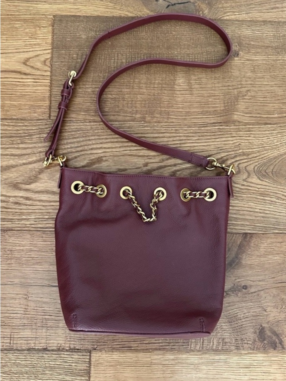 Rebecca Minkoff Wine Leather Crossbody with Gold Chain Detail